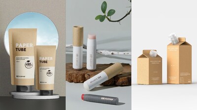 Kolmar Korea’s eco-friendly packaging innovations—paper tube (left), paper stick, and one-hand pump paper pack Kolmar Korea’s eco-friendly packaging innovations—paper tube (left), paper stick, and one-hand pump paper pack