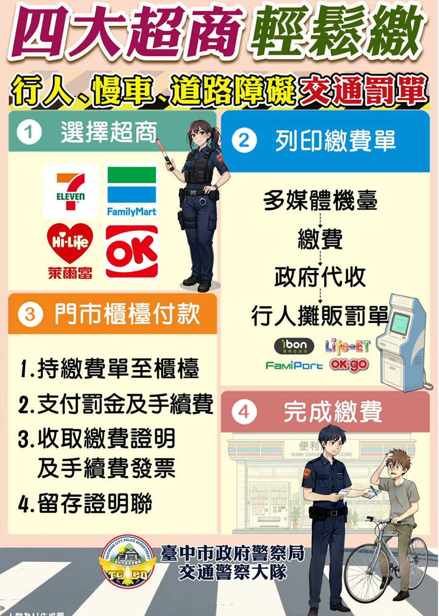 ▲圖說：114年12月1日起，行人、慢車及道路障礙等交通違規罰單可於四大超商繳納 （圖／台中市政府 提供）