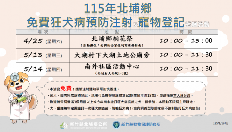 賞桐不忘保護毛小孩健康! 竹縣免費狂犬病預防注射及寵物登記4/25起北埔登場 2 20260404133731 1036f3be