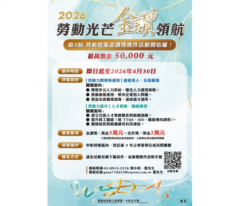 第3屆勞動提案金讚獎徵件開跑! 邀企業提出創新人力解方~獎金逾70萬 4 20260405154100 4bbd5520